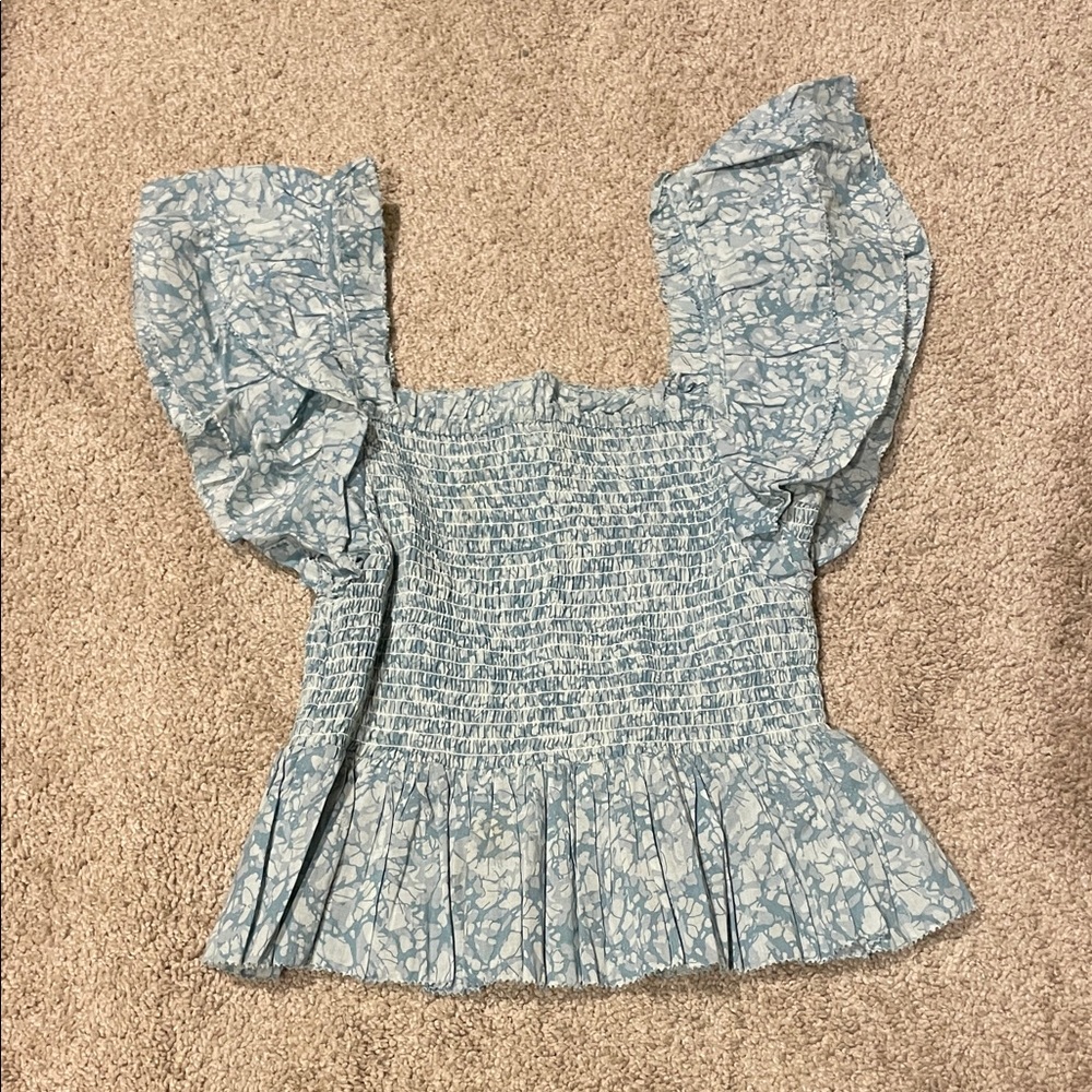 Elegant Blue Floral Smocked Blouse
